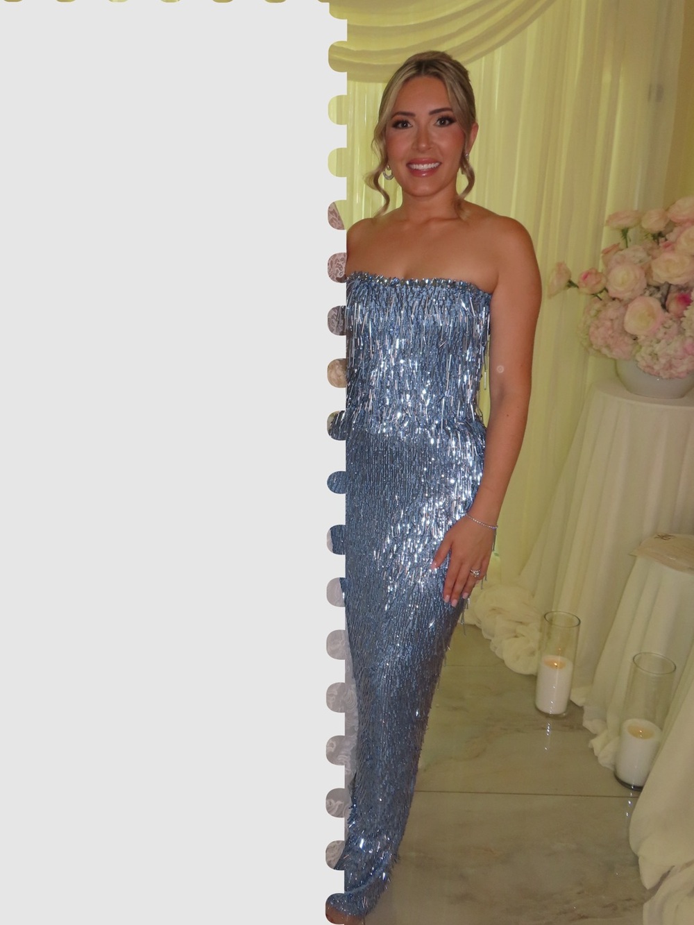 Sparkling Blue Strapless Fringe Evening Gown